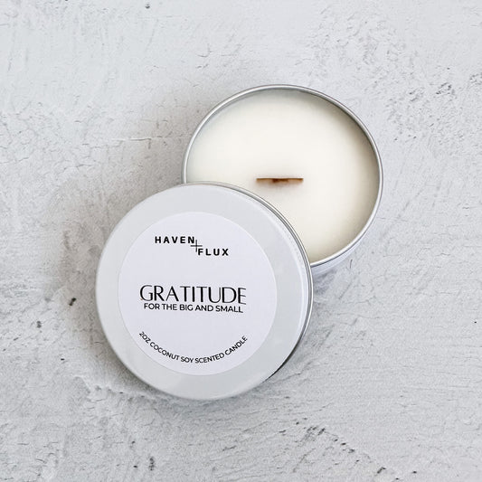 Gratitude For The Big and Small Non-Toxic Coconut Soy Wax Wooden Wick Intention 2oz Sample Candle for Mental Health