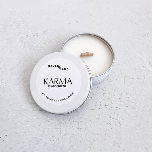 Karma is My Friend Non-Toxic Coconut Soy Wax Wooden Wick Intention 2oz Sample Candle for Mental Health