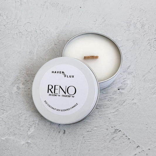 Reno, Nevada Non-Toxic Coconut Soy Wax Wooden Wick Coordinate 2oz Sample Candle for Mental Health
