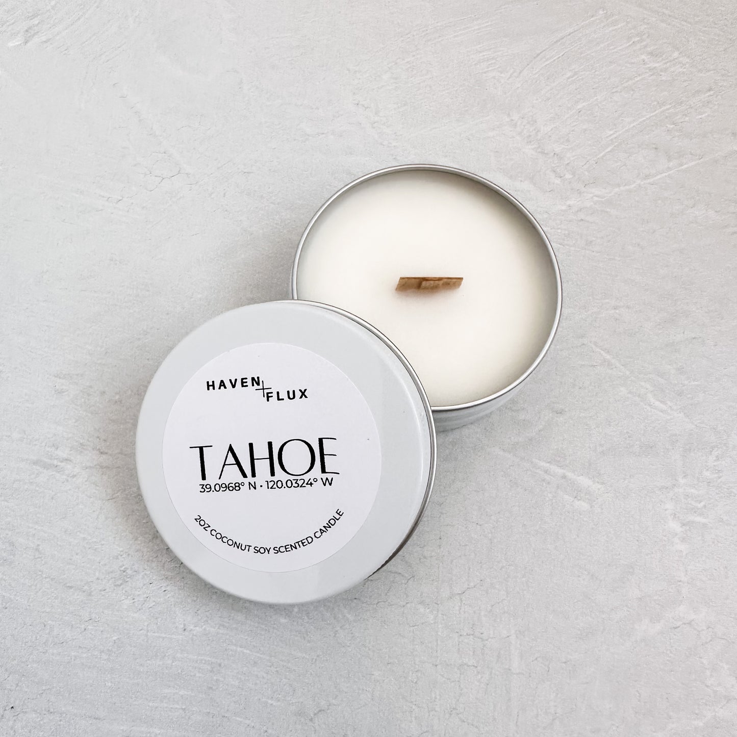 Lake Tahoe Non-Toxic Coconut Soy Wax Wooden Wick Coordinate 2oz Sample Candle for Mental Health