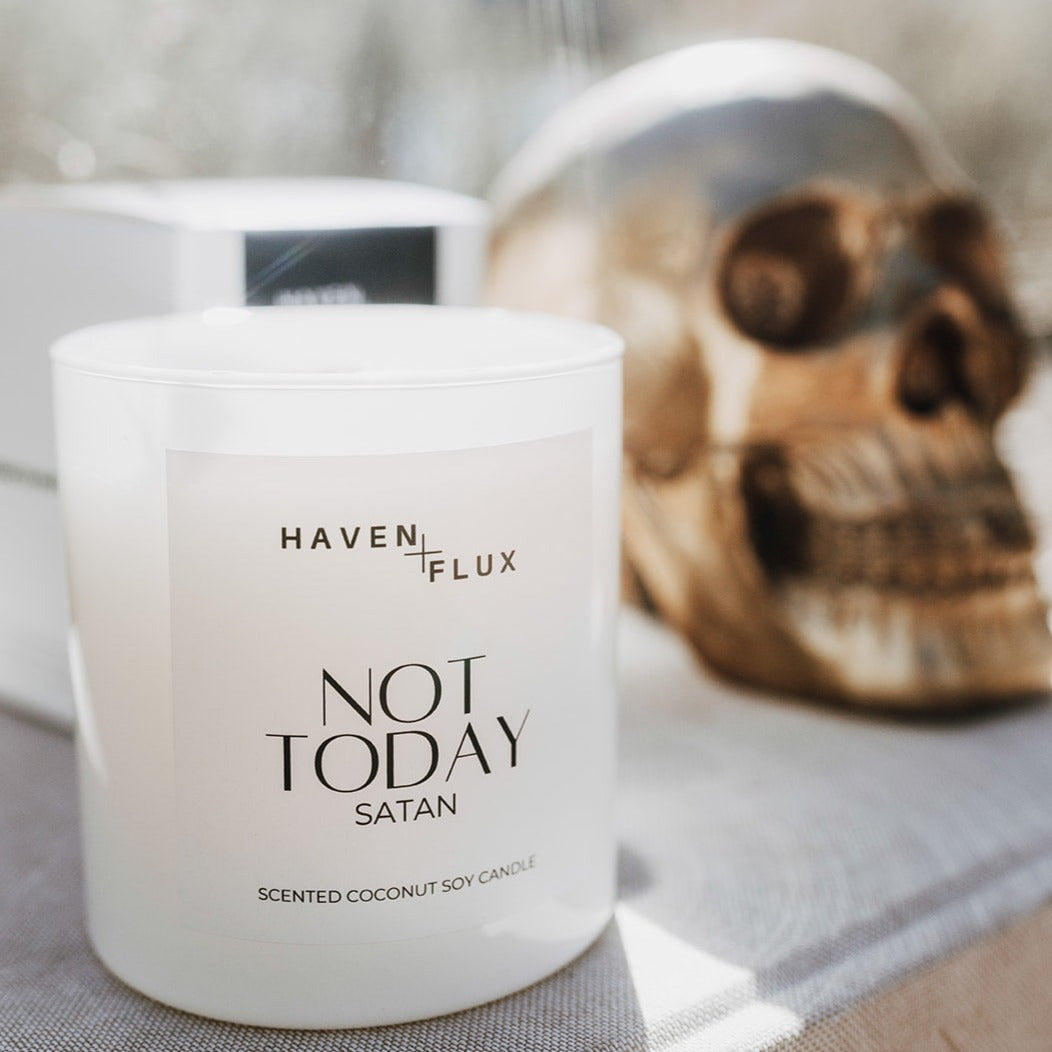 Haven and Flux Not Today, Satan Luxury, Non-toxic, Intentional Coconut Soy Candle with a Honey bourbon tamarind fragrance. An empowering and uplifting scented candle with customized playlist pairings makes this candle the perfect gift and or treat yourself to a self-indulgent delight.