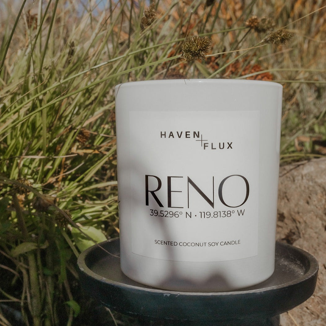 Non-Toxic Coconut Soy Wax Wooden Wick Reno Nevada Coordinate Candle for Mental Health