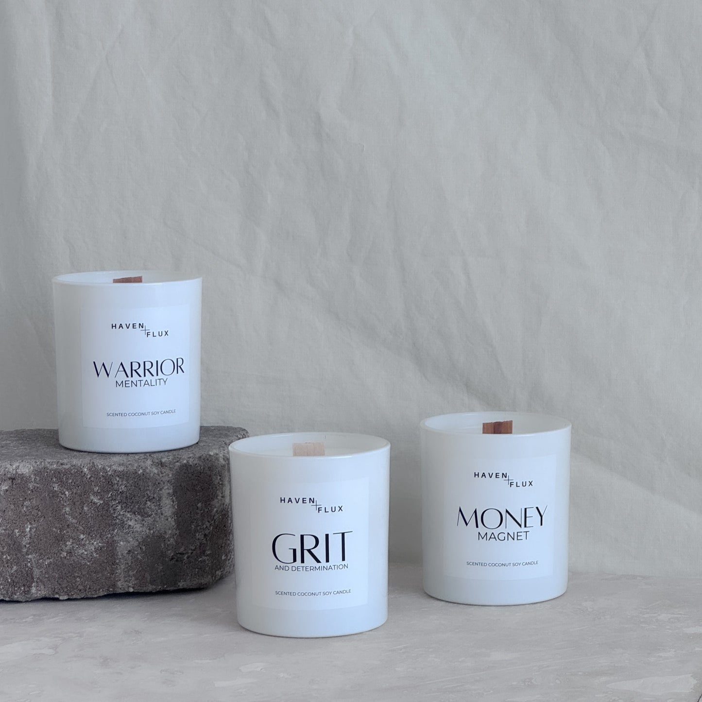 money magnet non-toxic, coconut soy, wood wick candle with warrior mentality and grit and determination candle