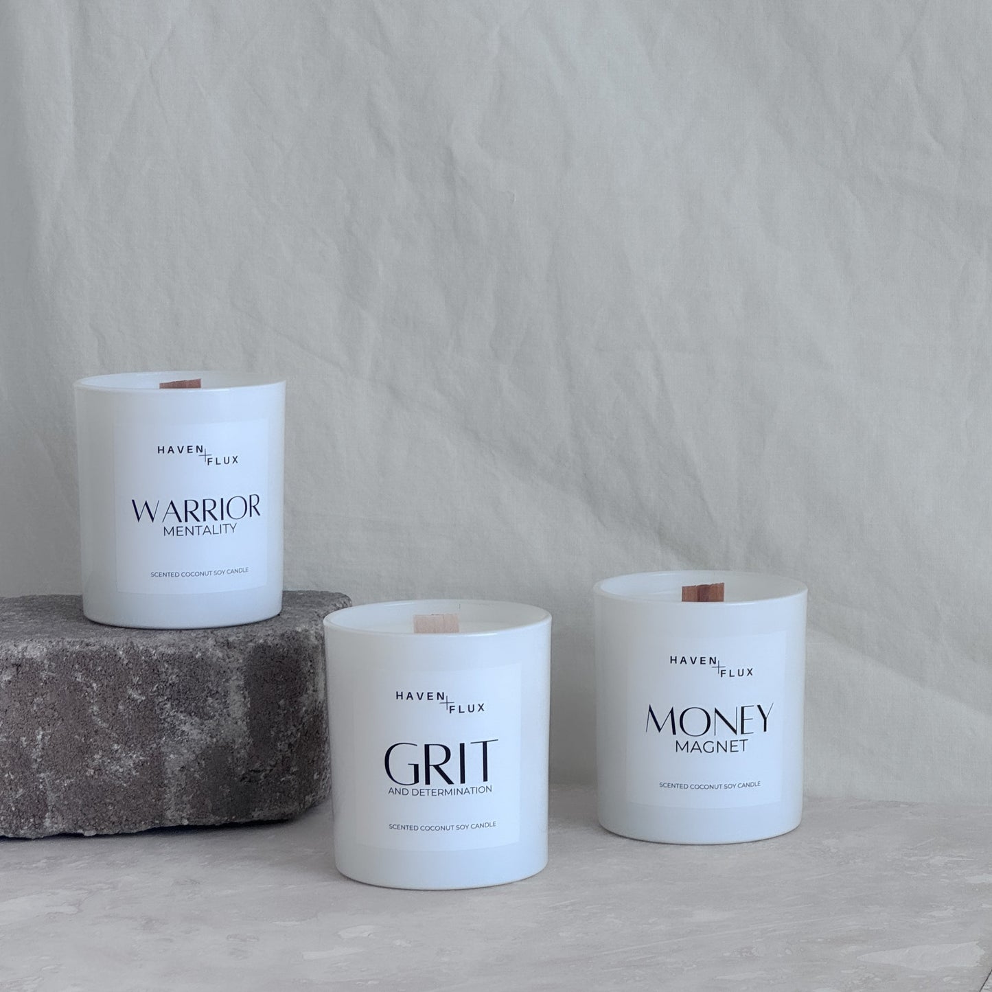 warrior mentality non-toxic, coconut soy, wood wick candle with grit and determination and money magnet candles