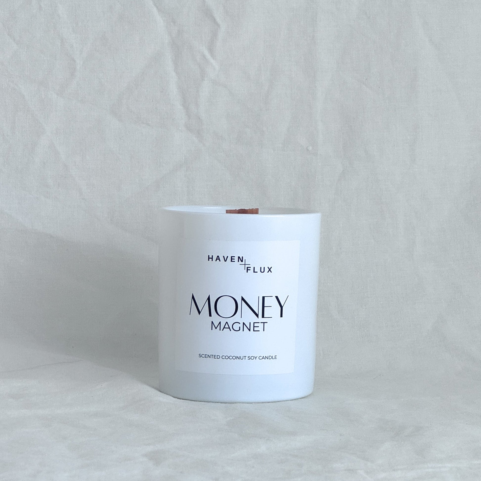 money magnet non-toxic, coconut soy, wood wick candle