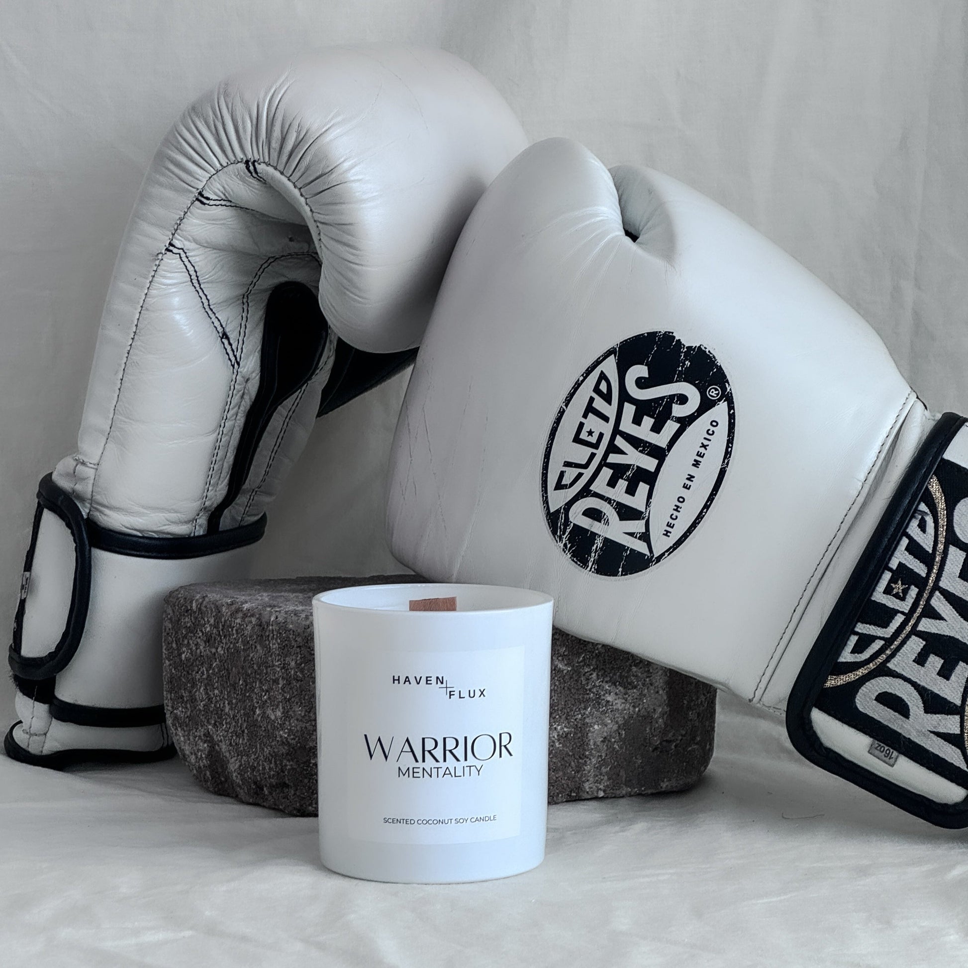 warrior mentality non-toxic, coconut soy, wood wick candle with boxing gloves