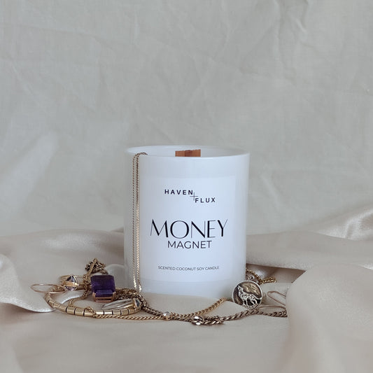 money magnet non-toxic, coconut soy, wood wick candle with gold and jewels