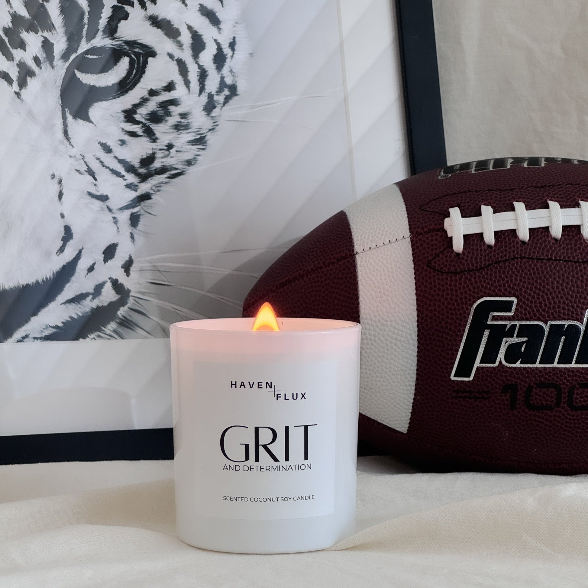 grit and determination wooden wick, non toxic, coconut soy candle great for football season