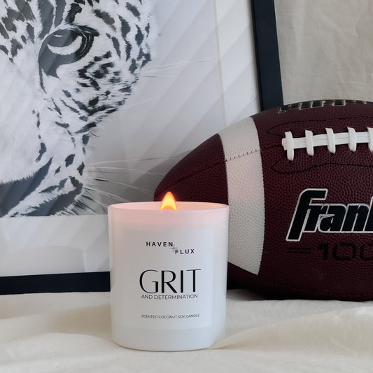 grit and determination wooden wick, non toxic, coconut soy candle great for football season