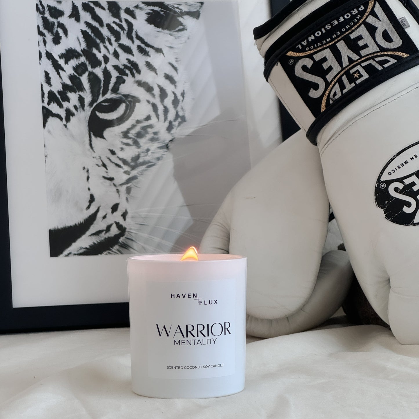 warrior mentality non-toxic, coconut soy, wood wick candle with boxing gloves and eye of the tiger